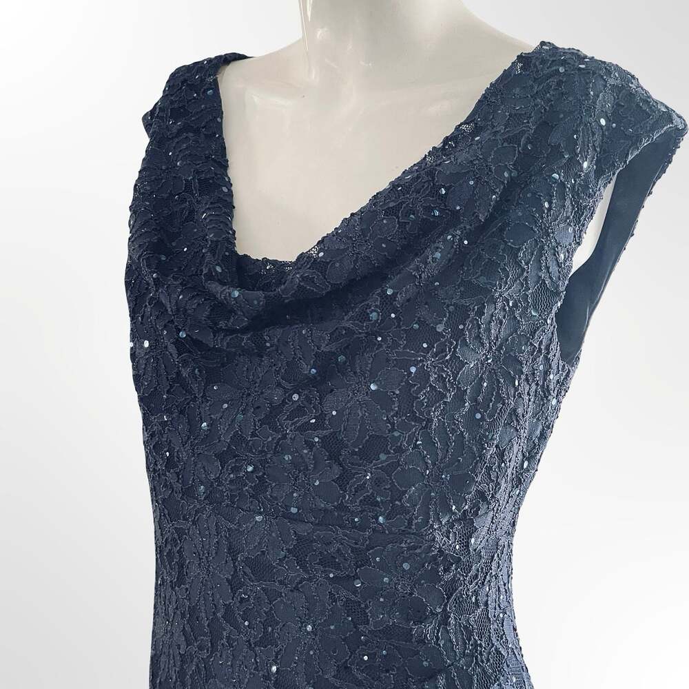 Connected Apparel Women's Navy Sequin Lace Cowl Neck Sleeveless Gown - Picture 5 of 7